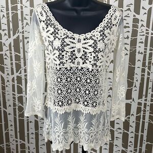 Boho Embroidered Lace & Mesh 3/4 Sleeve Top
